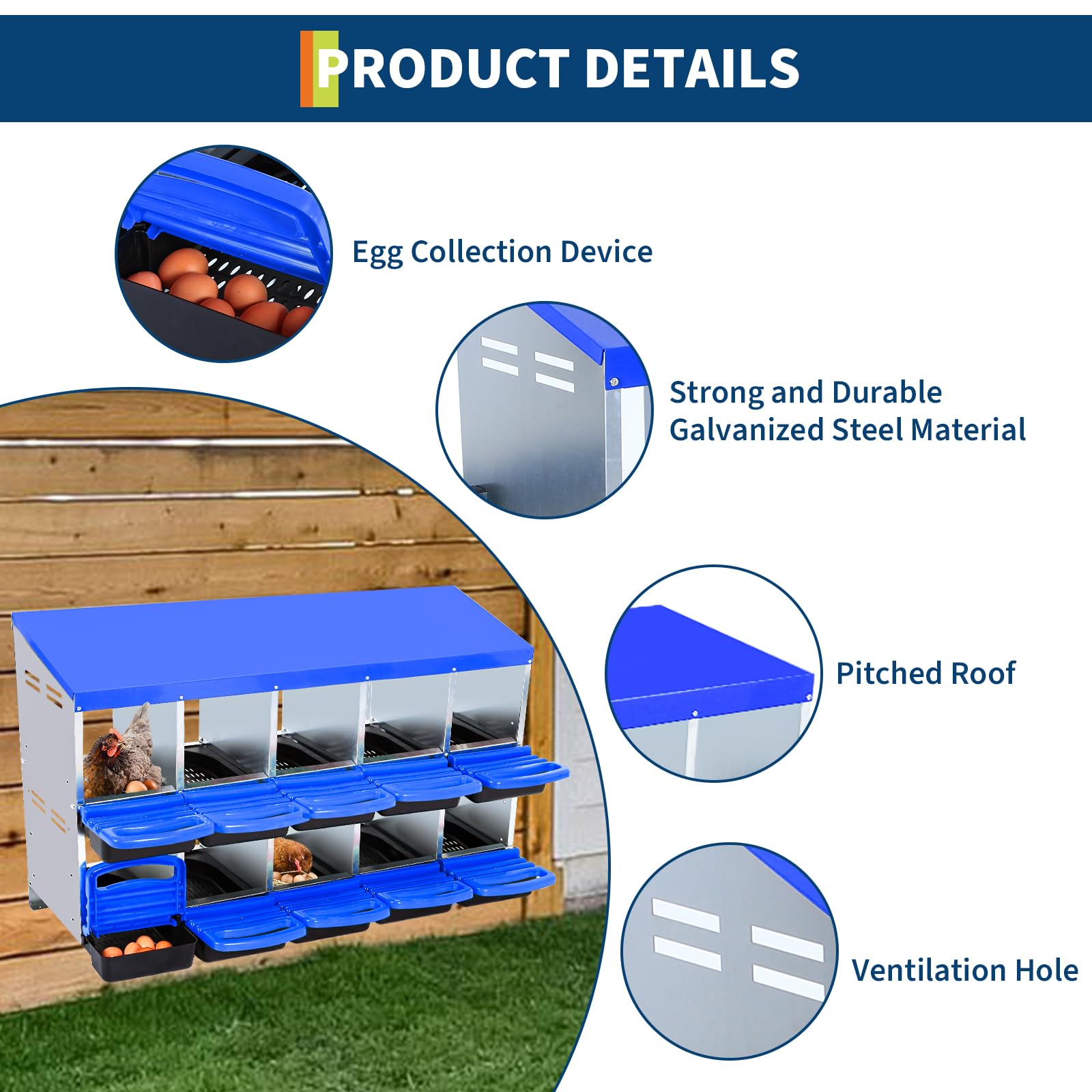 Nichoir Garvee 10 trous pour poules, 133×52×79 cm – Bleu, pour grands élevages jusqu'à 30 poules