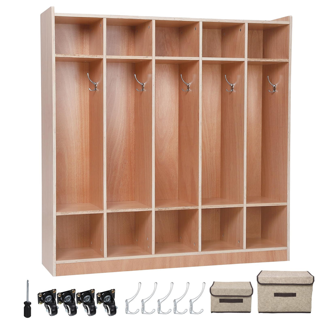 Armoire-penderie Garvee à 5 sections avec 10 compartiments, kit anti-basculement, 4 roulettes, 5 crochets, en contreplaqué, idéale pour les écoles et les crèches, dimensions : 137 x 33 x 122 cm, bois naturel.