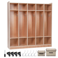 Armoire-penderie Garvee à 5 sections avec 10 compartiments, kit anti-basculement, 4 roulettes, 5 crochets, en contreplaqué, idéale pour les écoles et les crèches, dimensions : 137 x 33 x 122 cm, bois naturel.