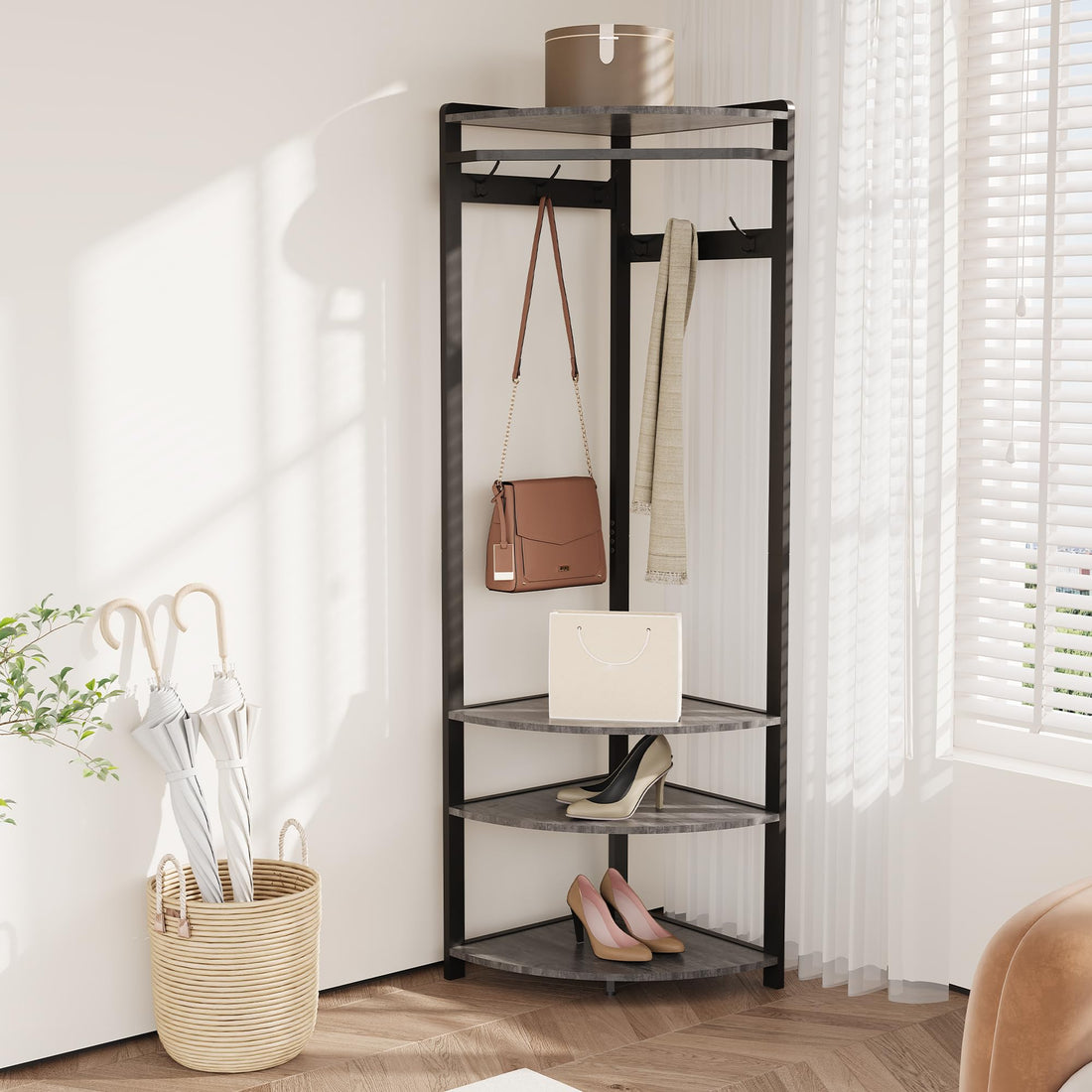 Armoire d'angle Garvee avec banc à chaussures, 6 crochets doubles, bois robuste, anti-basculement, pour entrée et couloir, 180 cm, bois naturel