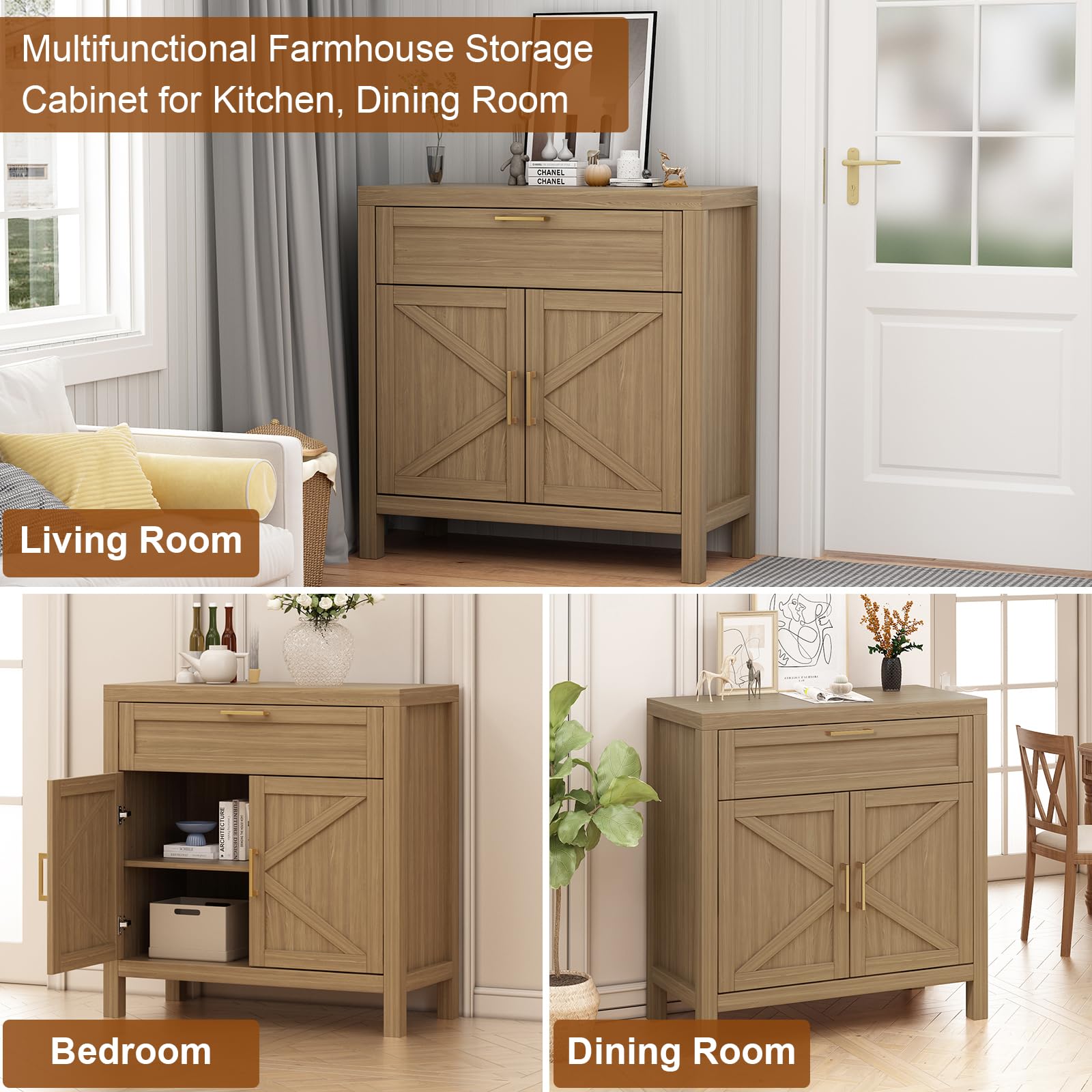 Buffet Garvee avec rangement, style campagne moderne, 2 portes, étagère réglable, MDF P2, poignées dorées, salon, cuisine, 87 cm L x 90 cm H, couleur bois