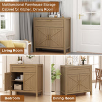 Buffet Garvee avec rangement, style campagne moderne, 2 portes, étagère réglable, MDF P2, poignées dorées, salon, cuisine, 87 cm L x 90 cm H, couleur bois