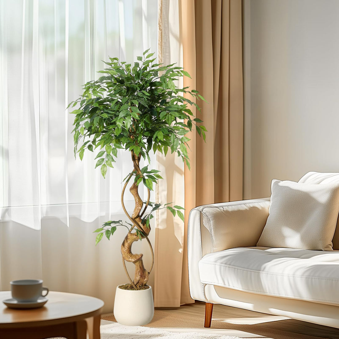 Ficus artificiel Garvee de 120 cm avec tronc courbé, plus de 756 feuilles en soie, pot blanc, branches ajustables pour la décoration de la maison et du bureau
