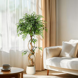 Ficus artificiel Garvee de 120 cm avec tronc courbé, plus de 756 feuilles en soie, pot blanc, branches ajustables pour la décoration de la maison et du bureau