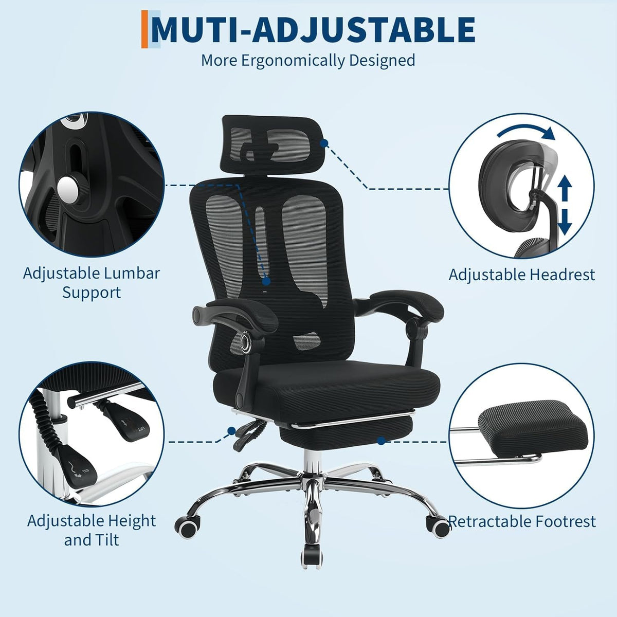 Garvee Chaise de bureau ergonomique avec appui-tête réglable, soutien lombaire et repose-pieds, tissu en maille respirante, noire