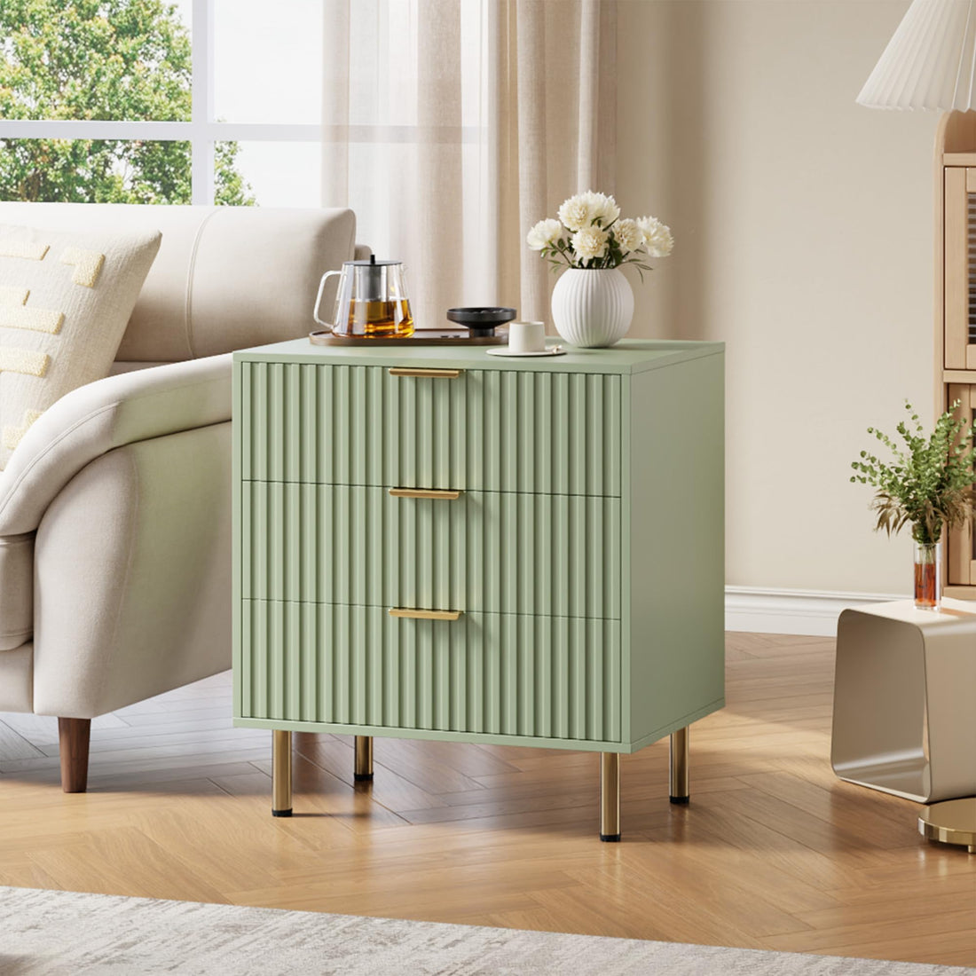Commode Garvee verte à 3 tiroirs, en bois cannelé moderne, pour chambre et salon, imperméable, sûre et écologique.