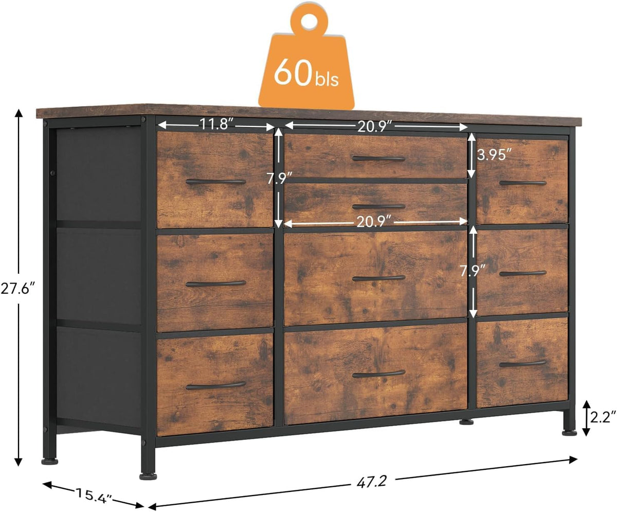 Garvee Commode avec 10 tiroirs, prise électrique intégrée, meuble multifonctionnel pour chambre et salon - Buffet robuste et durable, 120 × 40 × 70 cm