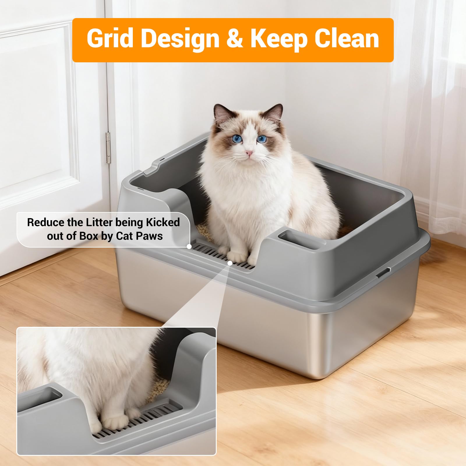Bac à litière Garvee grand format en acier inoxydable 34 L, semi-fermé avec tapis antidérapant, idéal pour les foyers avec plusieurs chats, 60 x 40 x 22 cm, gris