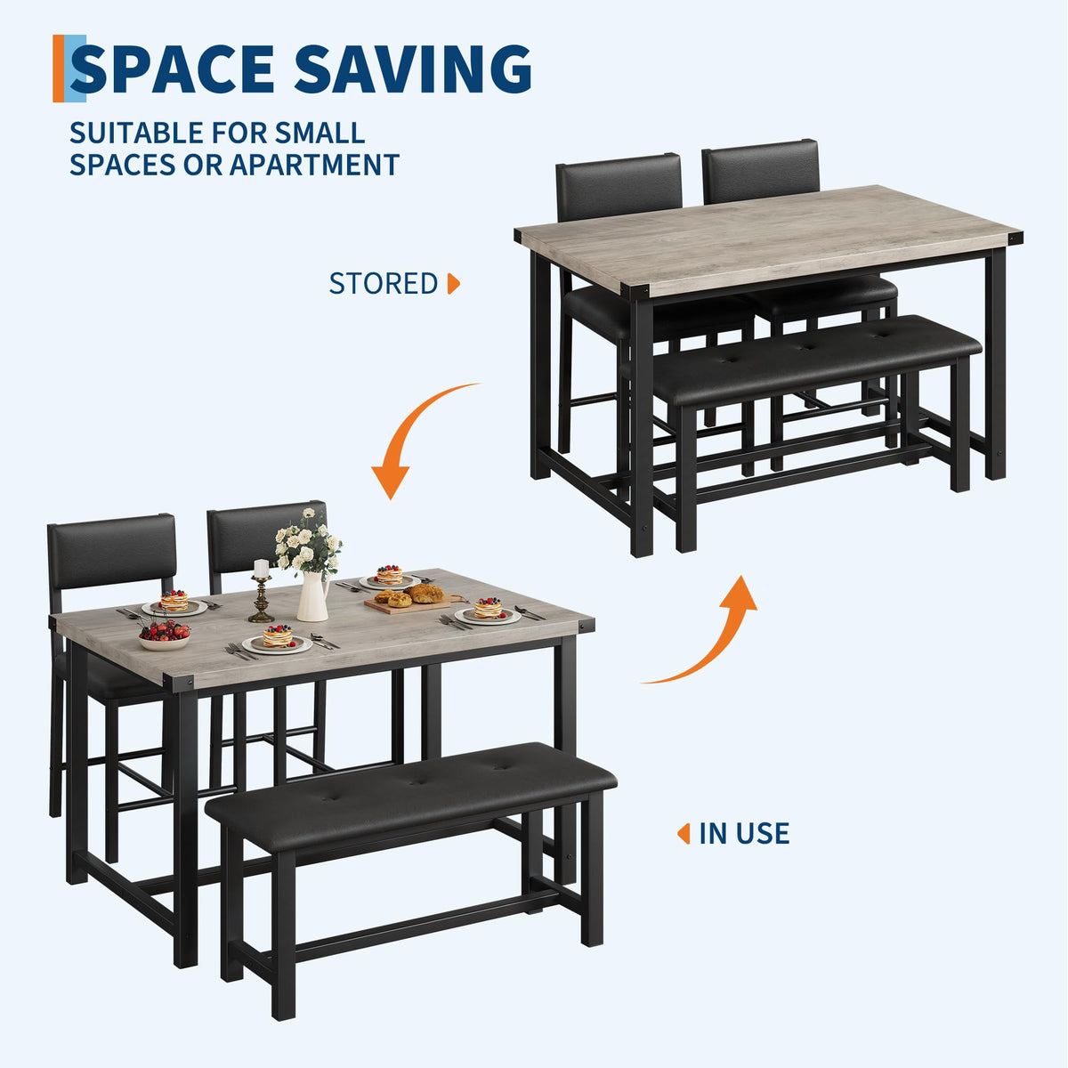Garvee Ensemble salle à manger 4 personnes avec table, 2 chaises rembourrées et banc, MDF robuste, gain de place, facile à nettoyer, idéal petits appartements.