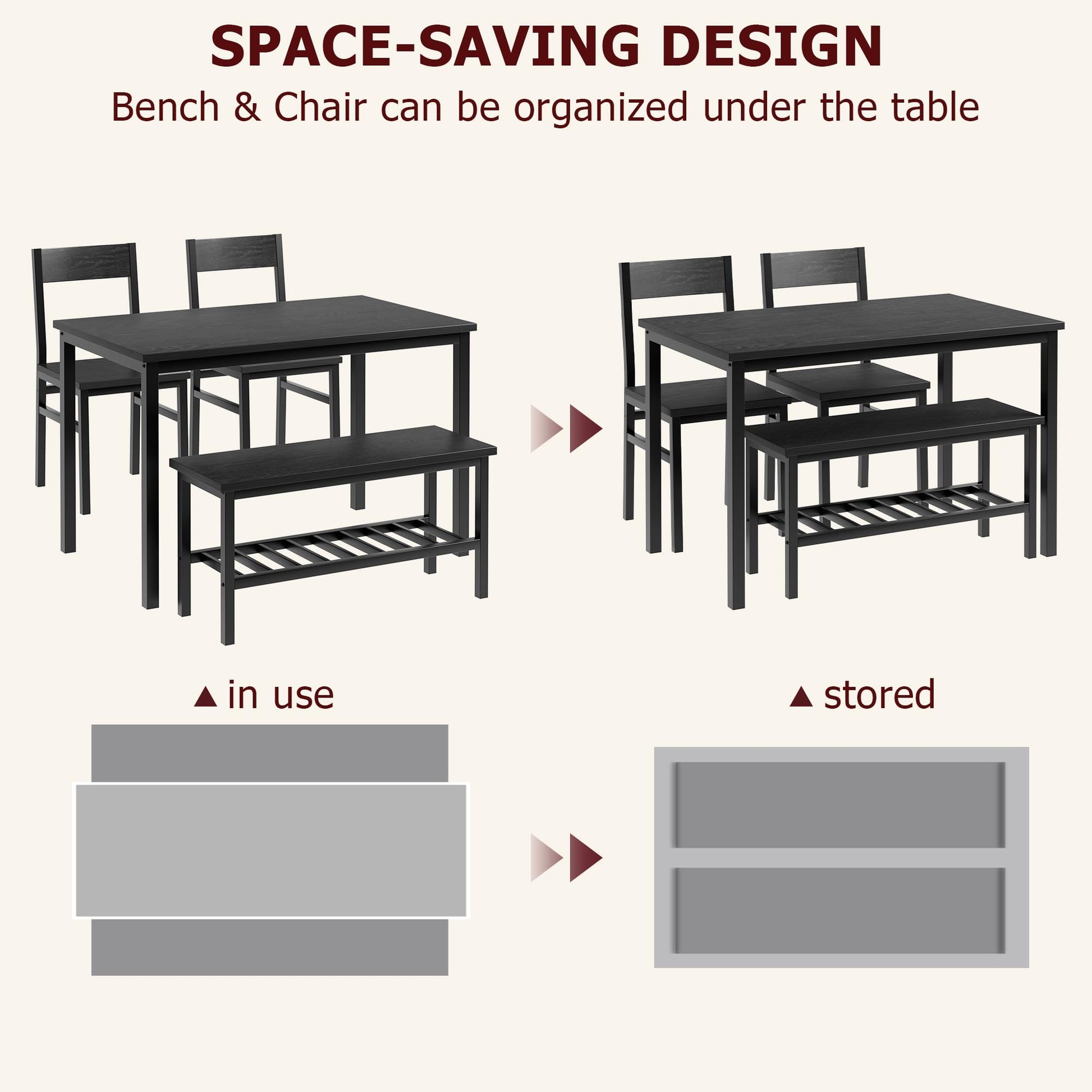 Ensemble table et chaises Garvee pour 4 personnes avec banc et chaises, gain de place, rangement intégré, MDF et acier, robuste, noir, idéal pour les petits appartements