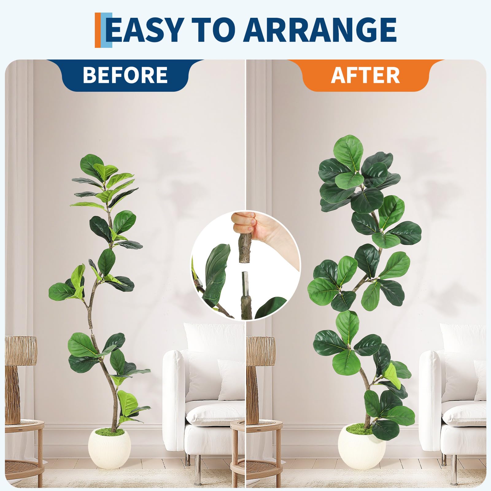 Garvee Ficus lyrata artificiel 152 cm en forme de S, pot blanc, feuilles en soie réalistes et branches ajustables, vert