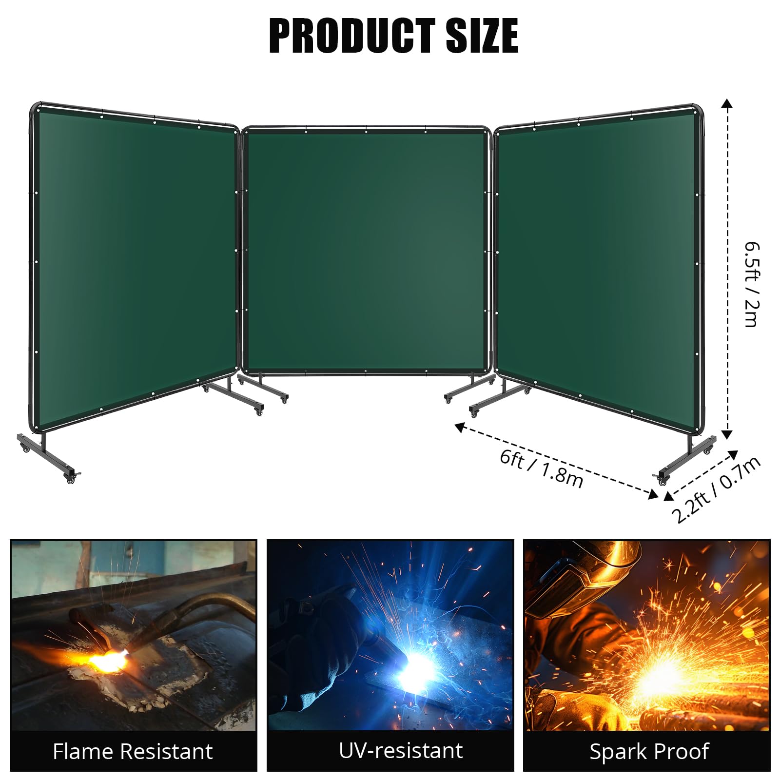 Écran de soudage Garvee à 3 panneaux de 1,8 x 1,8 m avec cadre en acier et PVC transparent pour ateliers et garages, vert, ignifugé, portable