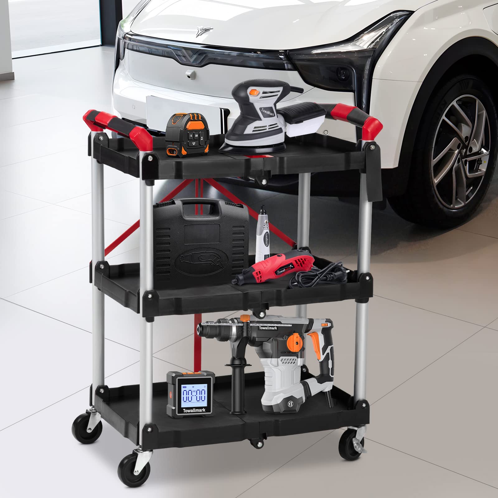 Chariot de service pliable Garvee à 3 niveaux, capacité de charge de 25 kg, structure en aluminium, poignées caoutchoutées, 4 roulettes pivotantes, idéal pour le bureau et la maison, 83,5 cm, argent.