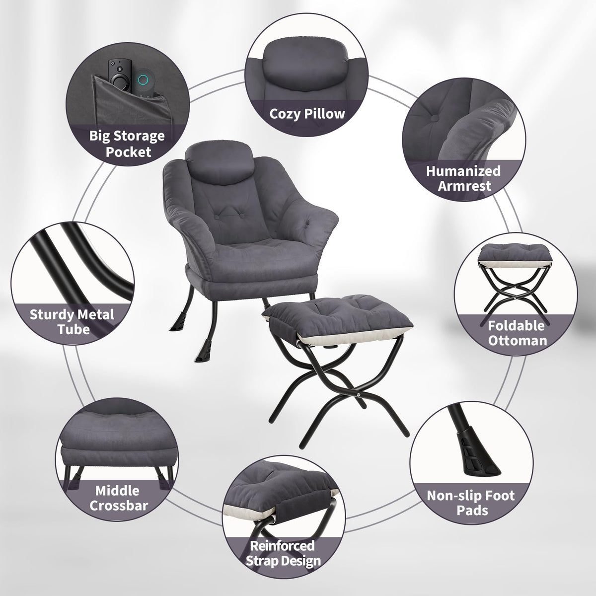 Fauteuil relax Garvee avec repose-pieds, ergonomique, en velours, pliable, gris, pour salon et chambre, gain de place