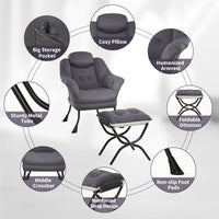 Fauteuil relax Garvee avec repose-pieds, ergonomique, en velours, pliable, gris, pour salon et chambre, gain de place