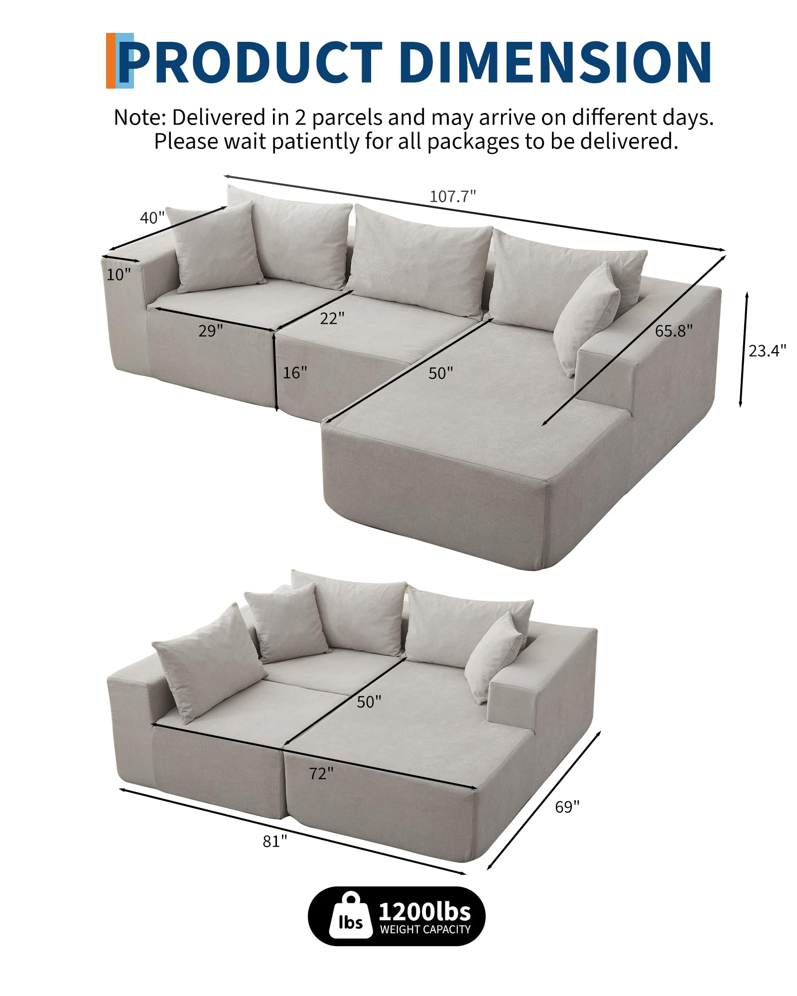 Canapé d'angle modulaire Garvee 108" Cloud, méridienne en L, tissu polymère confort sans os, style polyvalent pour le salon