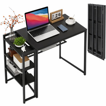 Bureau pliant Garvee 35 pouces avec étagère pour bureau et maison, gain de place, robuste, panneaux de particules P2, structure métallique, 35 x 20 pouces, noir