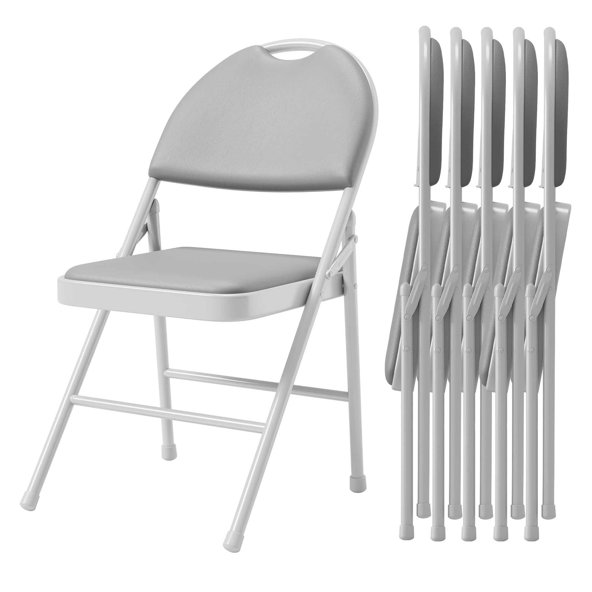 Ensemble de 6 chaises pliantes Garvee avec revêtement en cuir PU, structure en métal, gris, pour une utilisation intérieure et extérieure