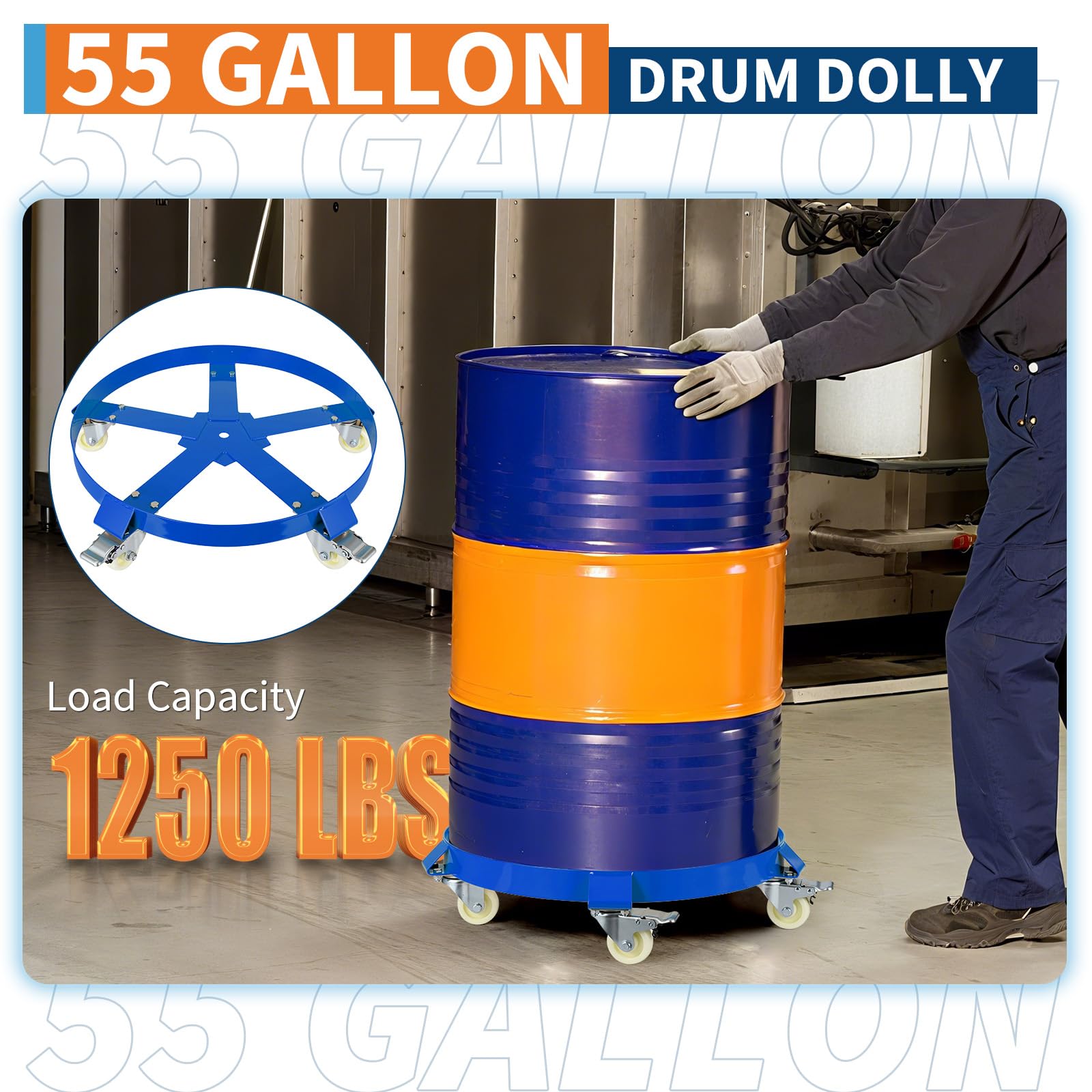 Chariot porte-fûts Garvee de 55 gallons – Châssis en acier galvanisé, système anti-basculement, freins et roues pivotantes, capacité de 567 kg