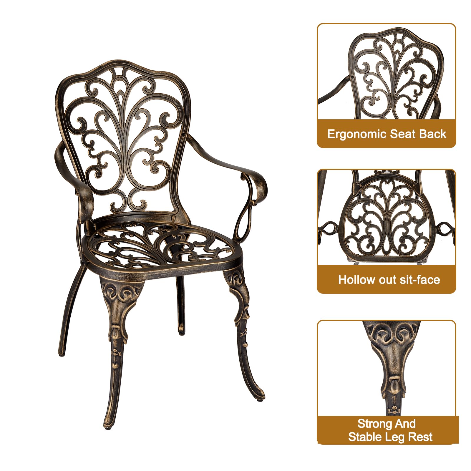 Ensemble de jardin 3 pièces Garvee en aluminium moulé avec trou pour parasol, idéal pour le jardin, le balcon et la terrasse. Finition laiton rétro, robuste et élégant.