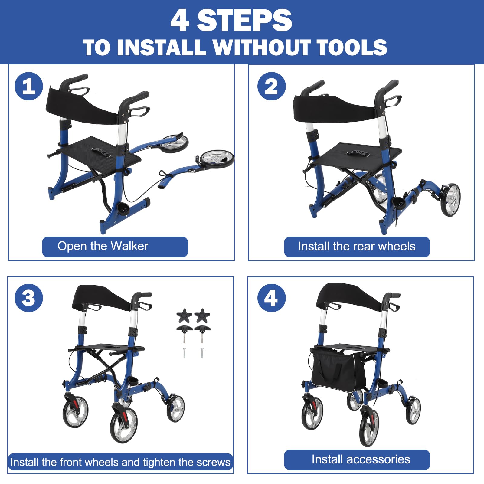 Garvee Déambulateur fauteuil 2 en 1 pour adulte, aluminium aérospatial léger, pliable et réglable, sans amortisseurs, roues à noyau argent, usage médical et extérieur, bleu et noir