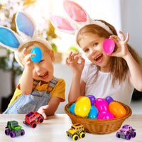 Garvee - Lot de 12 œufs de Pâques avec camions monstres à rétrofriction, motifs graffiti colorés, 7,9 cm x 5,3 cm, multicolores, idéal pour la chasse aux œufs de Pâques et les fêtes d'enfants.