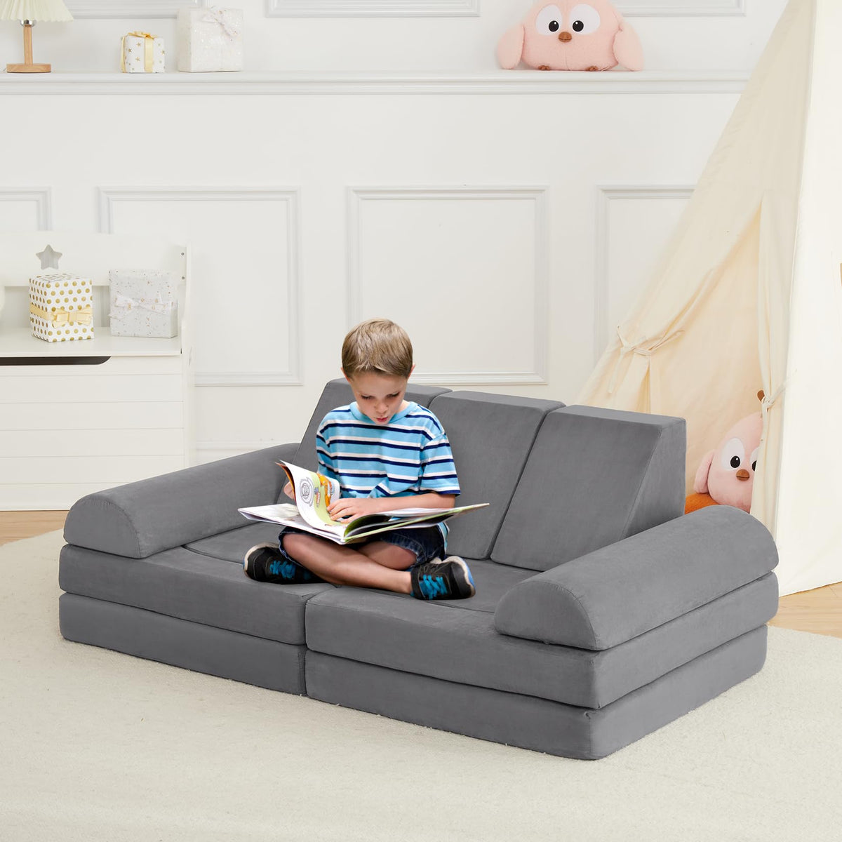 Canapé de jeu modulaire Garvee 10 pièces pour enfants, canapé convertible en mousse, microfibre de luxe, gris foncé, pour des jeux créatifs dans la chambre d'enfant