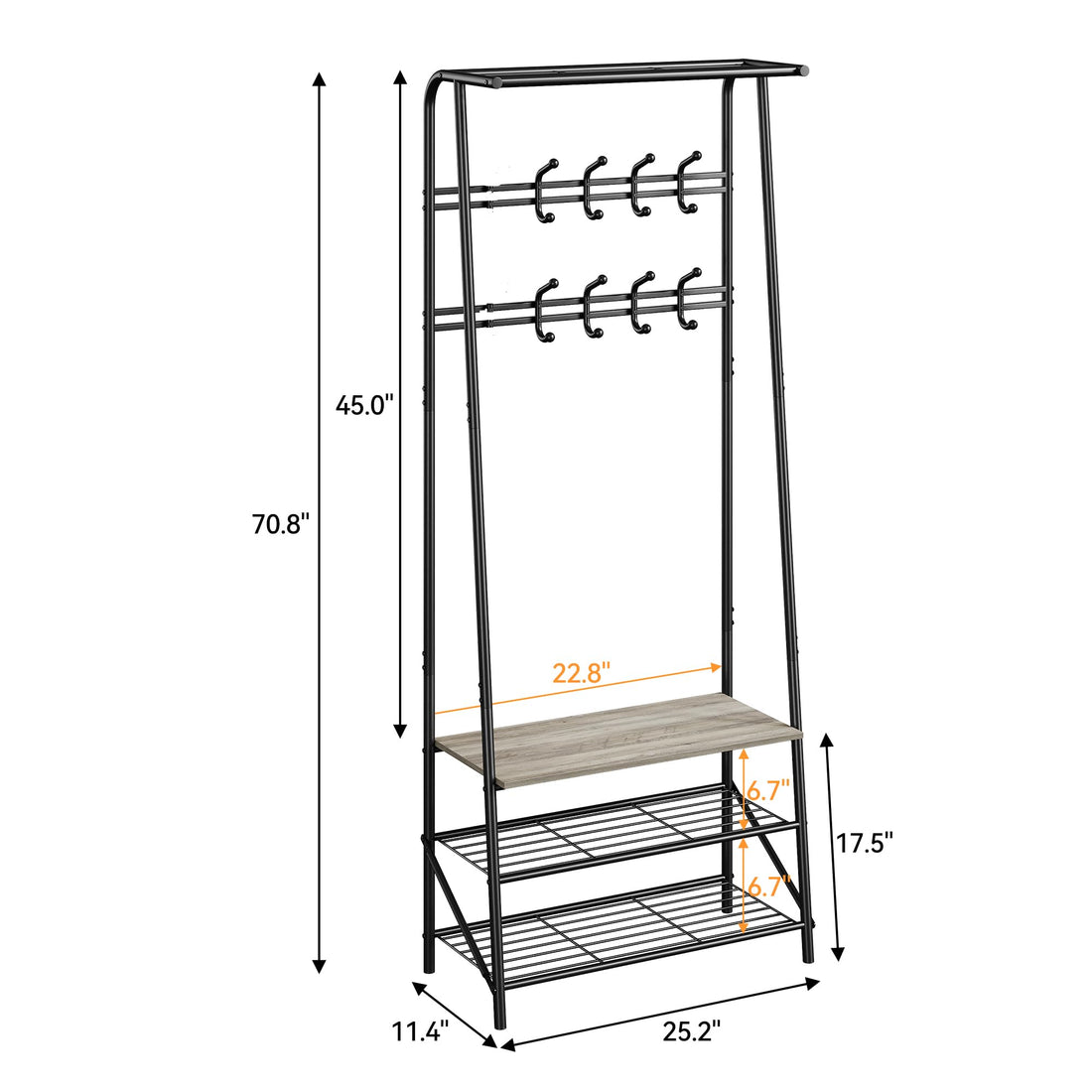 Garvee Banc d'entrée multifonctionnel 4 en 1 – Avec 8 crochets, un porte-chaussures, une structure en métal aspect bois, robuste et pratique pour l'entrée et le couloir.