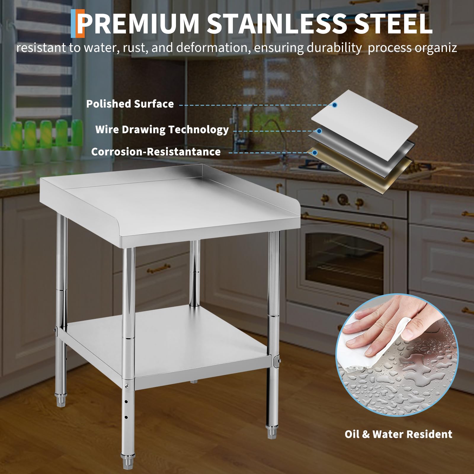 Table de grillade Garvee en acier inoxydable, hauteur réglable, 30 x 60 x 75 cm, capacité de charge de 180 kg, certifiée NSF, pour usage commercial et domestique, construction robuste, argent