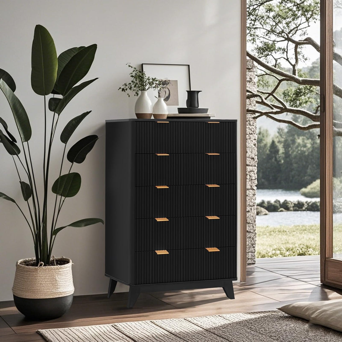 Garvee commode haute en bois, 5 tiroirs, design cannelé, MDF moderne, pour salon, chambre, chambre d'enfant, blanc