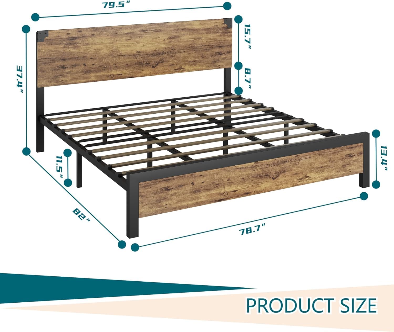 Cadre de lit Garvee King Size avec tête de lit en bois, pieds en métal, espace de rangement, marron rustique, chambre à coucher