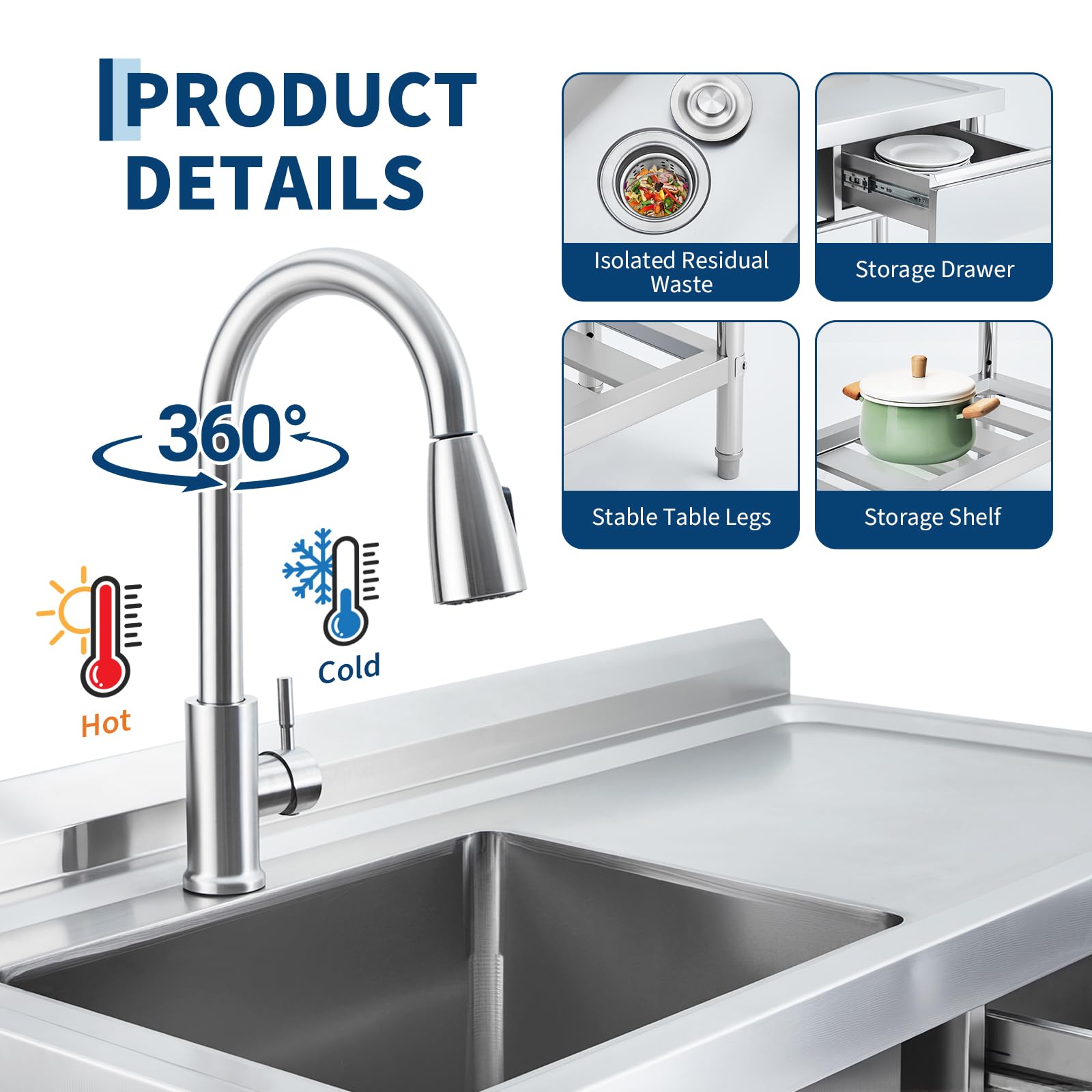 Garvee Évier commercial en acier inoxydable 99 x 50 x 94 cm avec robinet pivotant 360°, cuve profonde, tiroir de rangement et étagère réglable pour cuisine et buanderie