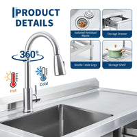 Garvee Évier commercial en acier inoxydable 99 x 50 x 94 cm avec robinet pivotant 360°, cuve profonde, tiroir de rangement et étagère réglable pour cuisine et buanderie