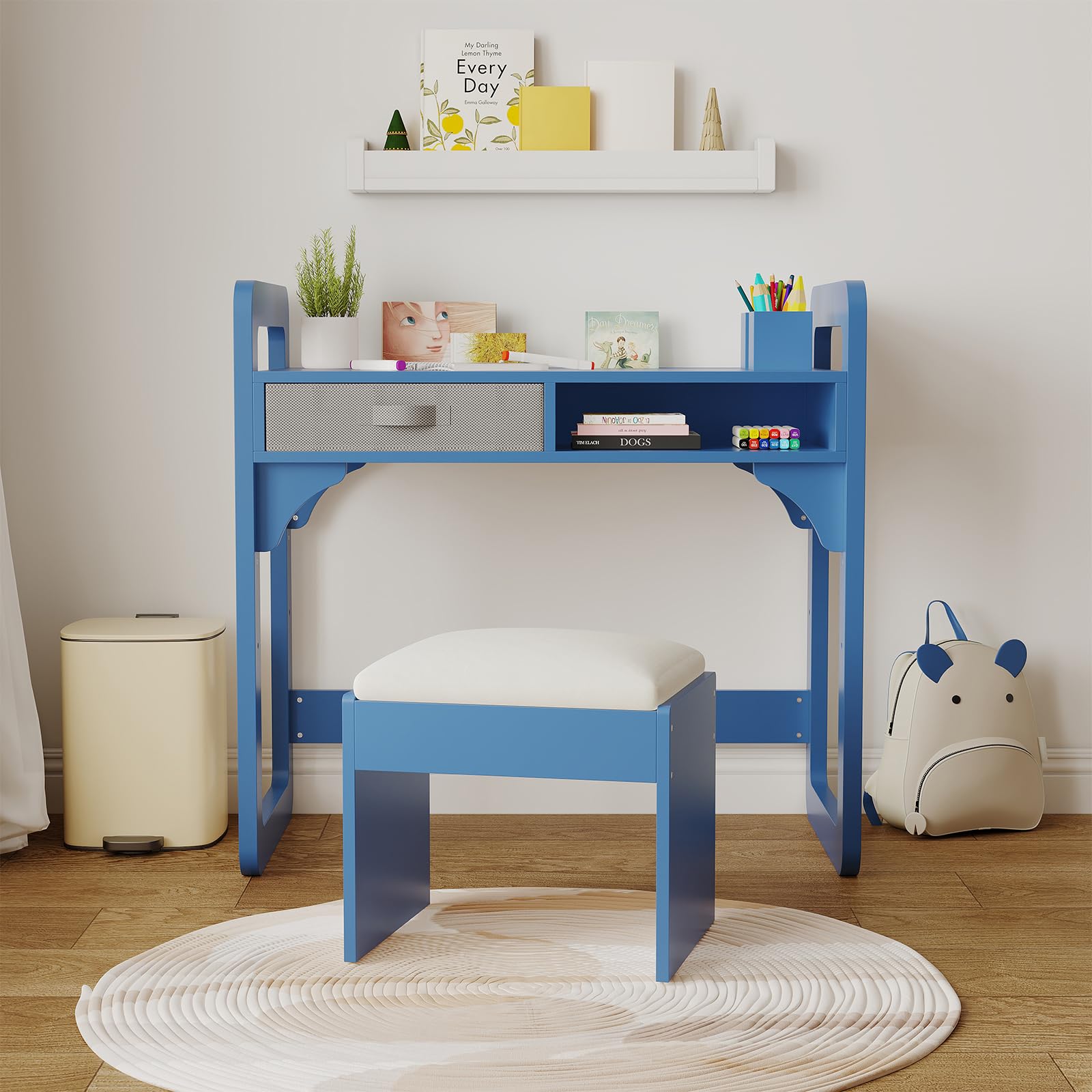 Ensemble bureau enfant Garvee avec rangement, tabouret rembourré, bois, robuste et durable, bleu, pour chambre d'enfant