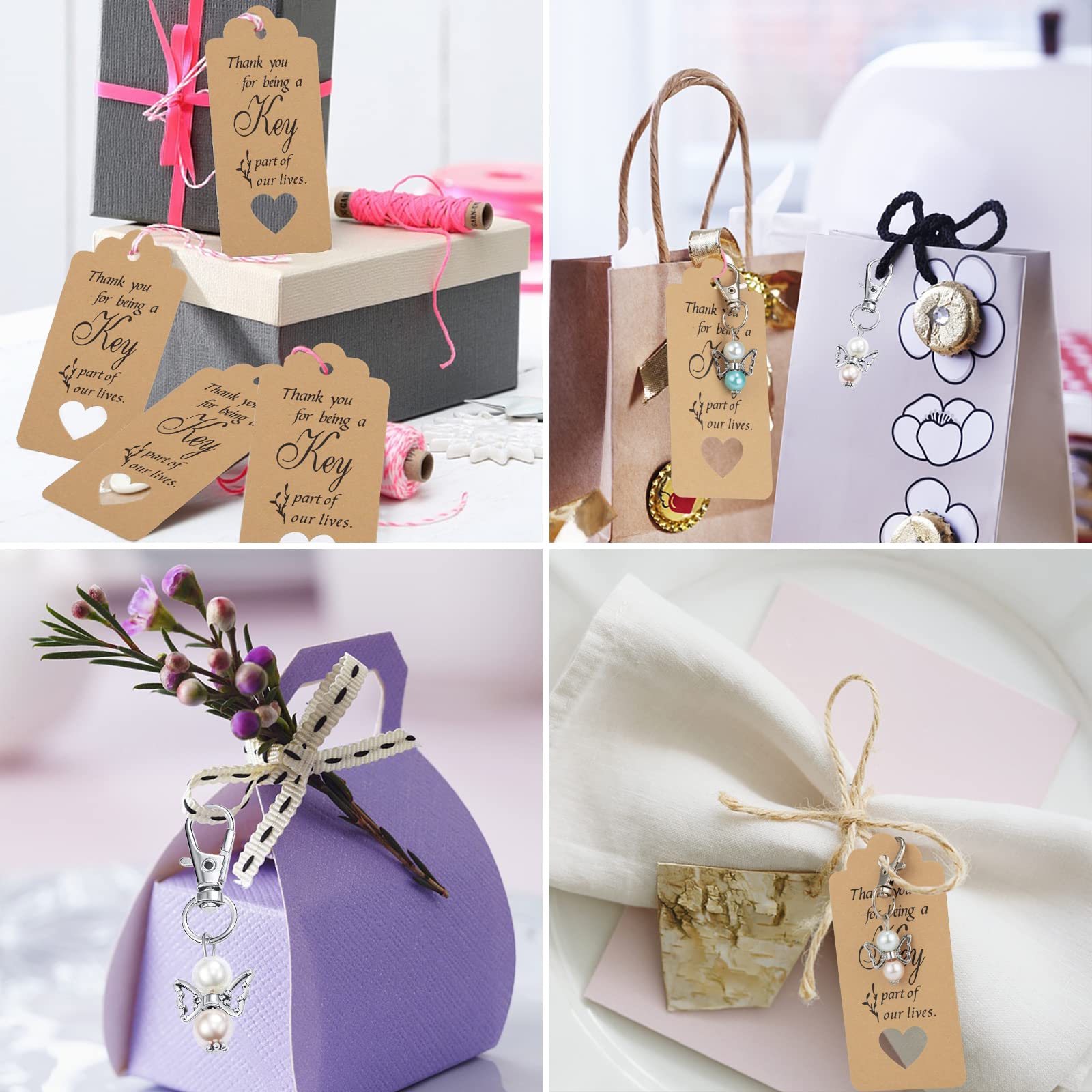 Garvee Lot de 20 porte-clés anges avec sachets en organza et cartes de remerciement, cadeau idéal pour baptême, naissance, mariage ou fête, argent.