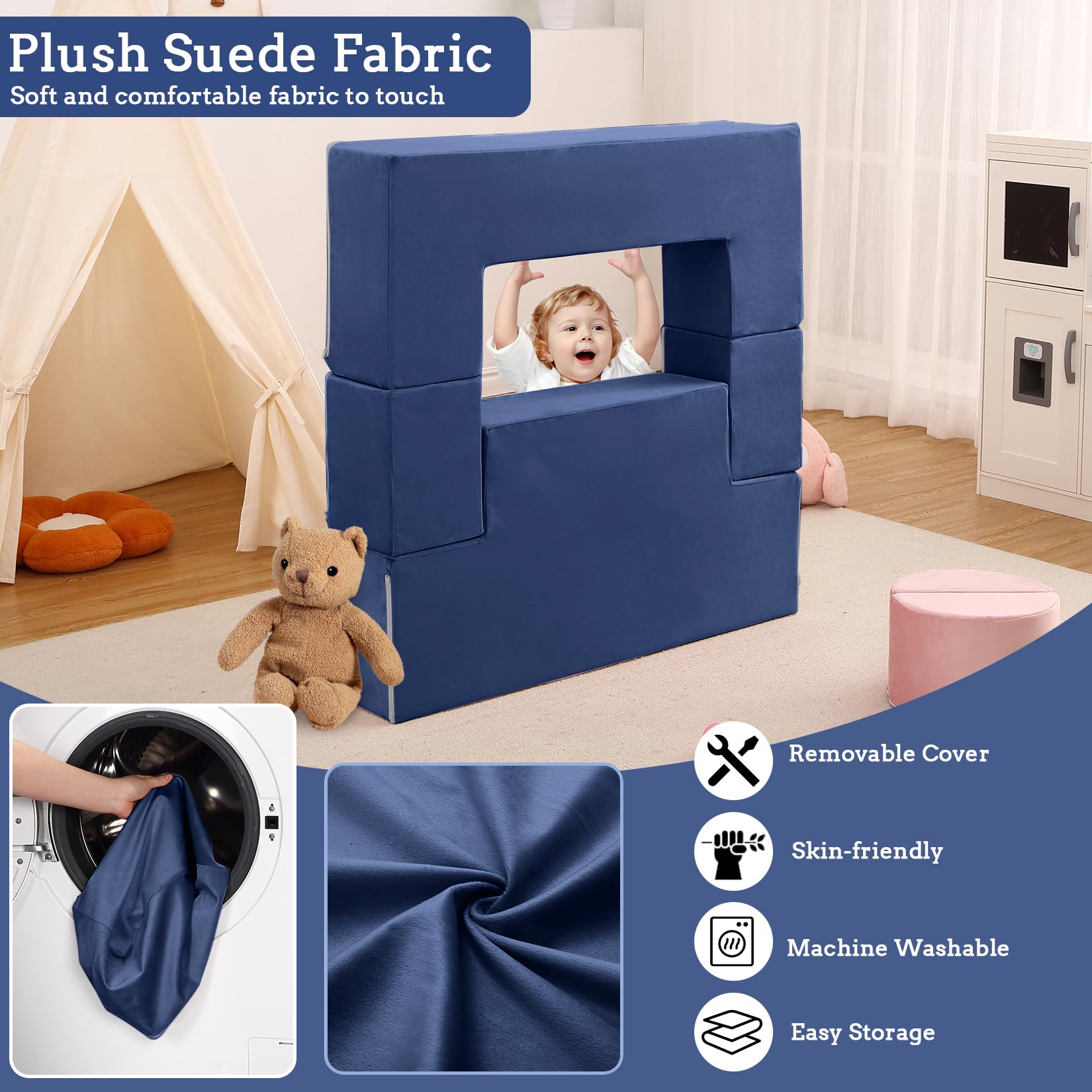 Canapé de jeu Garvee pour enfants, 6 pièces, modulable, bleu marine, revêtement en microfibre douce, mousse haute densité, idéal pour la salle de jeux, 99 x 51 x 41 cm