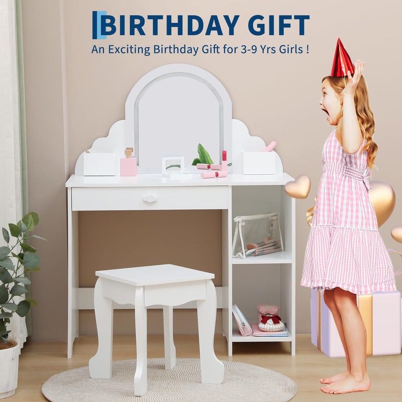 Vue complète de la coiffeuse enfant Garvee avec tabouret