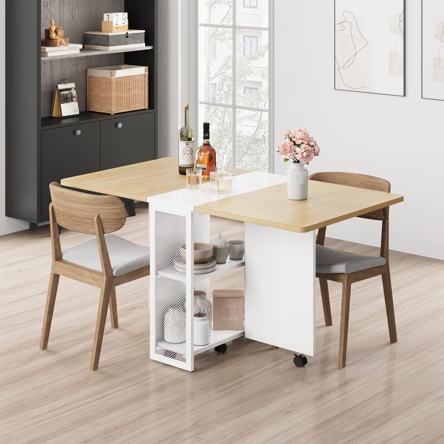 Garvee Table à Manger Pliante Blanche avec Rangement 2 Niveaux, Table de Cuisine Extensible à Rabats, Rectangulaire pour 4, Gain de Place