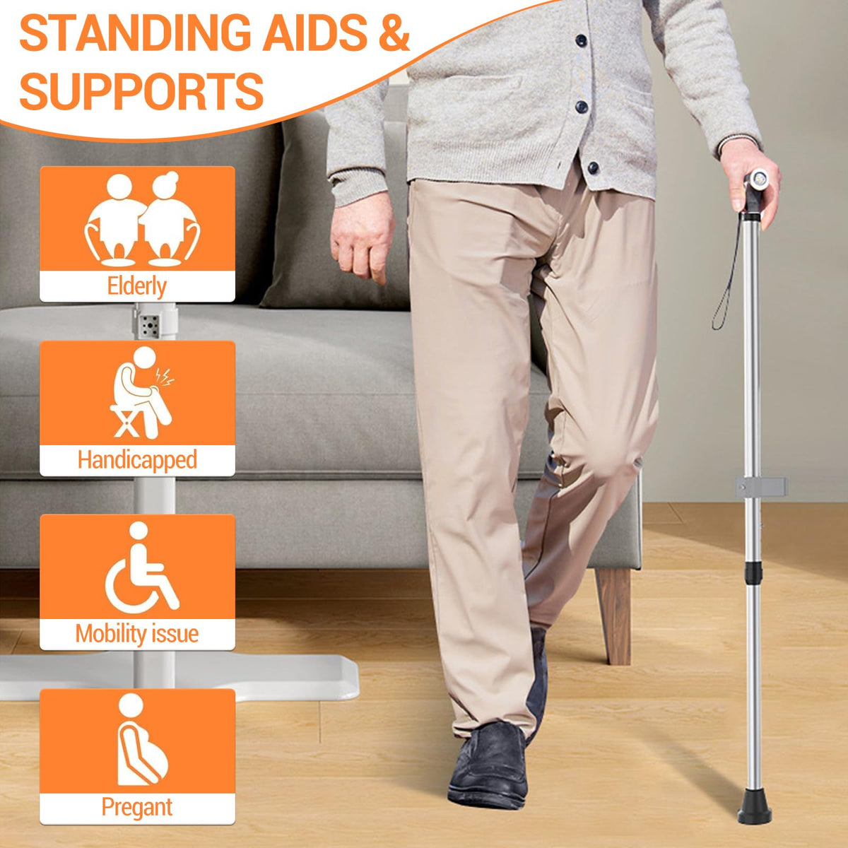 Garvee Aide à la verticalisation 2 en 1 pour seniors avec béquille réglable en hauteur, poignée de sécurité pour canapé ou fauteuil, aide à la vie quotidienne, capacité de charge de 150 kg, Blanc