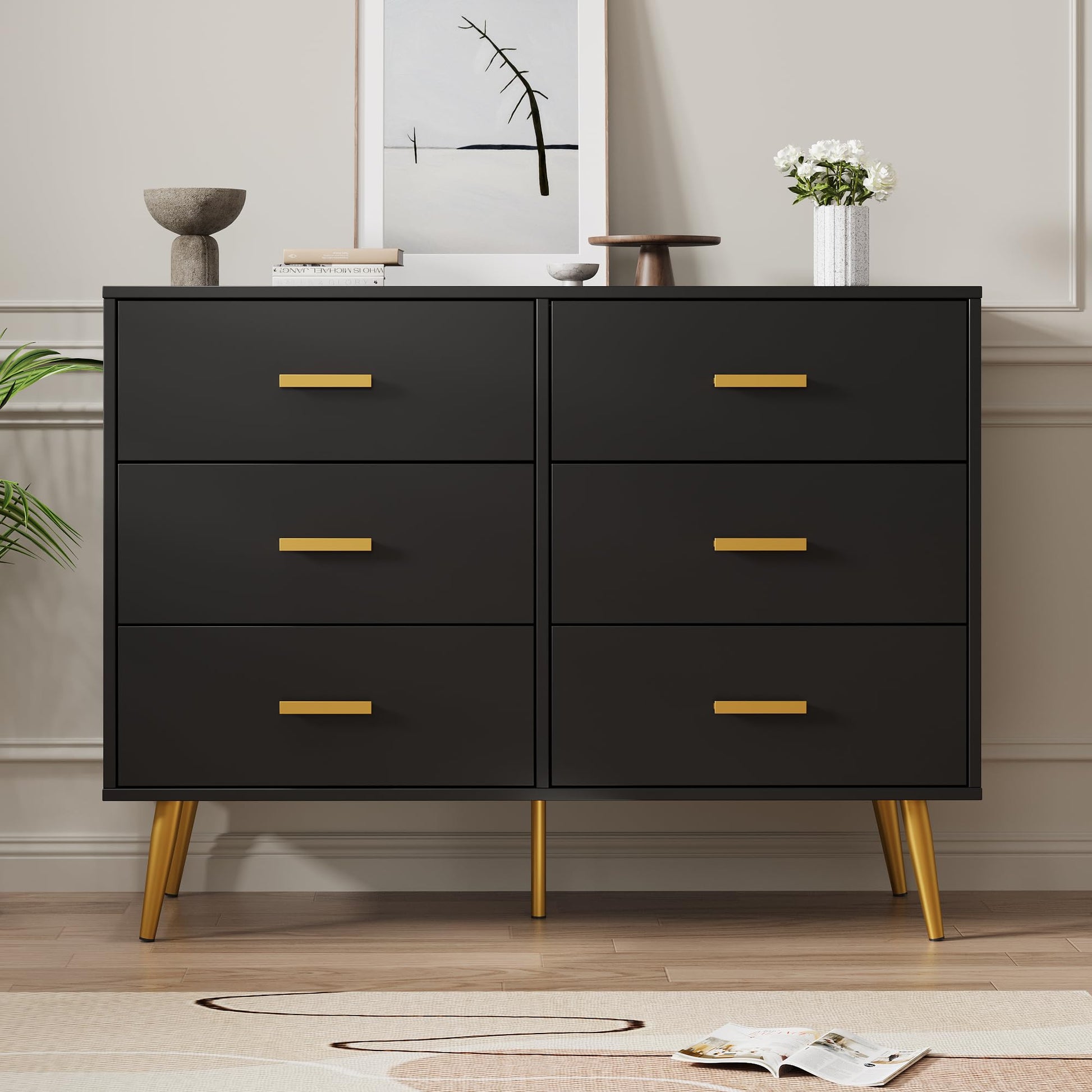 Commode moderne Garvee à 6 tiroirs avec rangement, en bois MDF, poignées dorées, pour chambre et salon, noire, polyvalente
