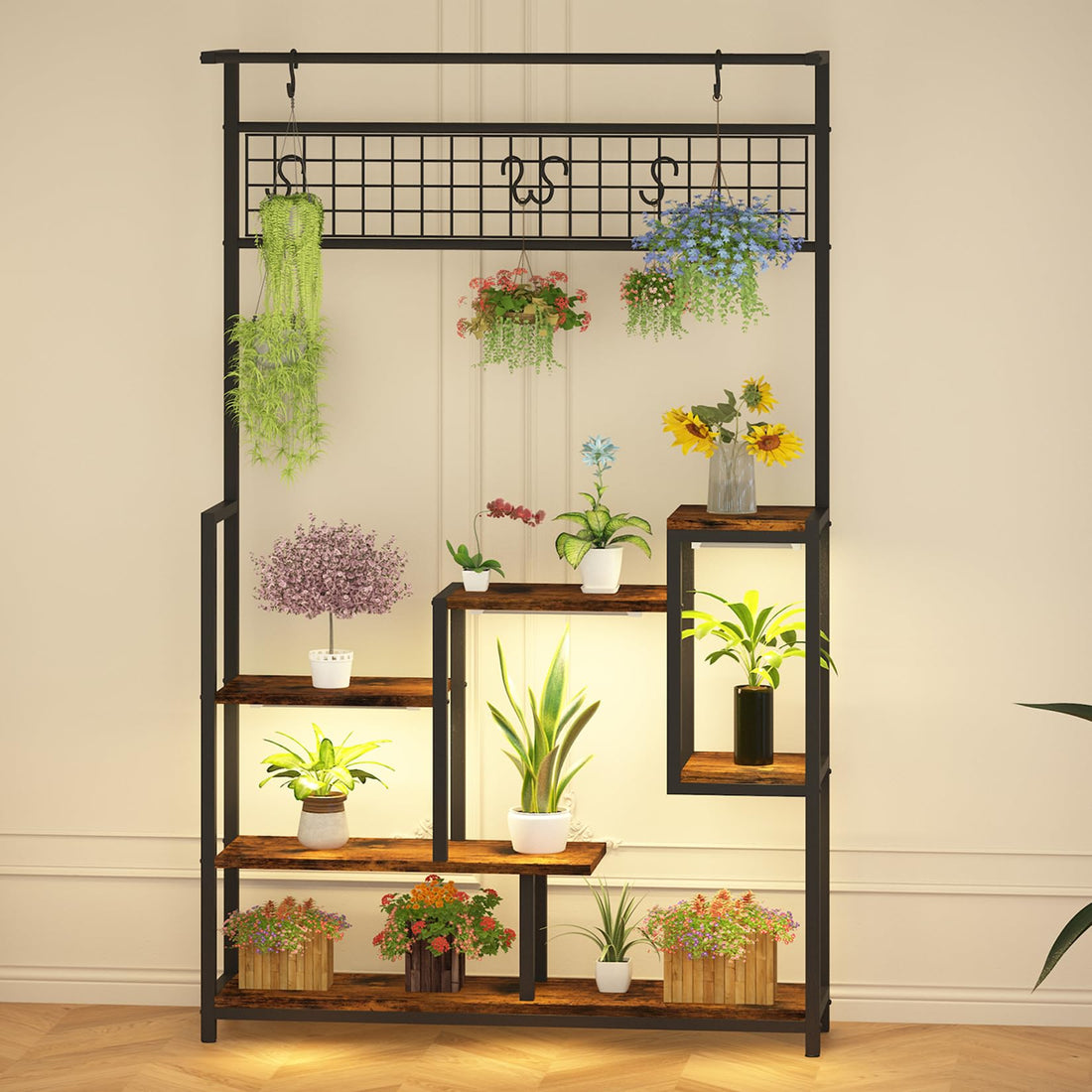 Garvee étagère à plantes avec lampe de croissance, 7 niveaux, en métal robuste, pour balcon et salon, noir
