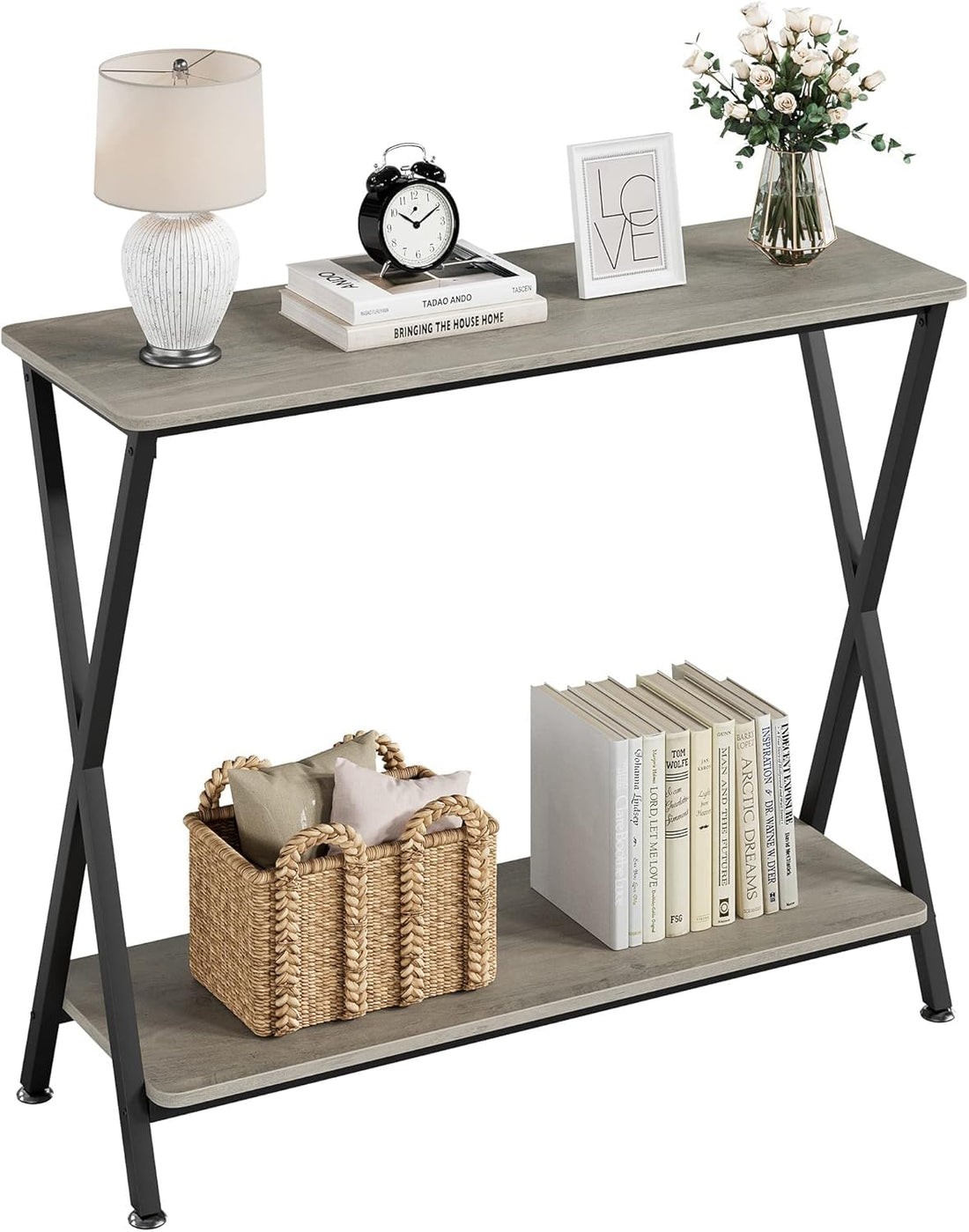 Console étroite Garvee, 2 niveaux, style industriel, bois MDF et métal, pour salon et entrée, 85 cm (L) x 30 cm (l) x 81 cm (H), noire