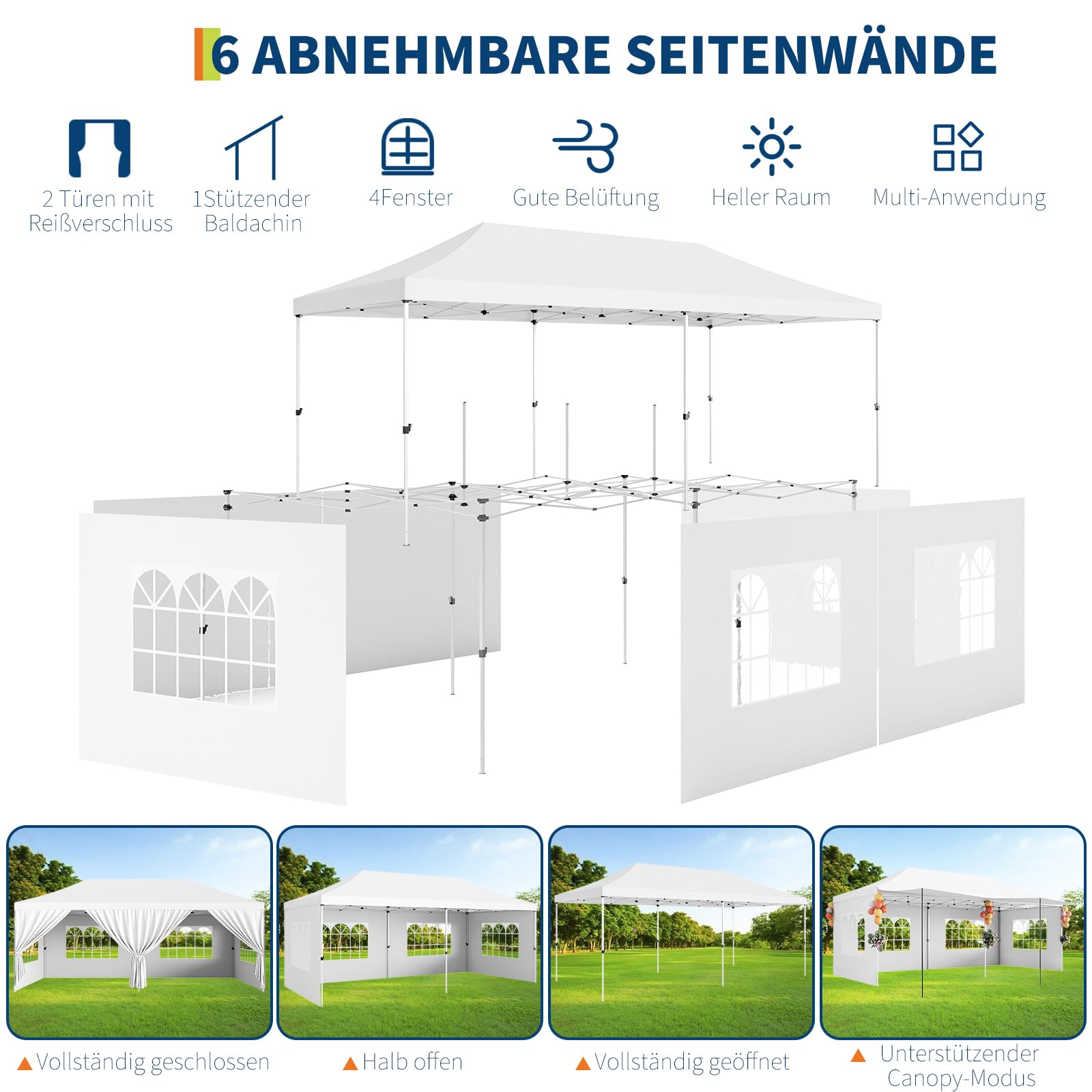 Garvee Tonnelle pliante 3x6 m avec 6 parois amovibles, Oxford 420D imperméable, hauteur réglable, stable avec sacs de sable pour fêtes et événements, bleu