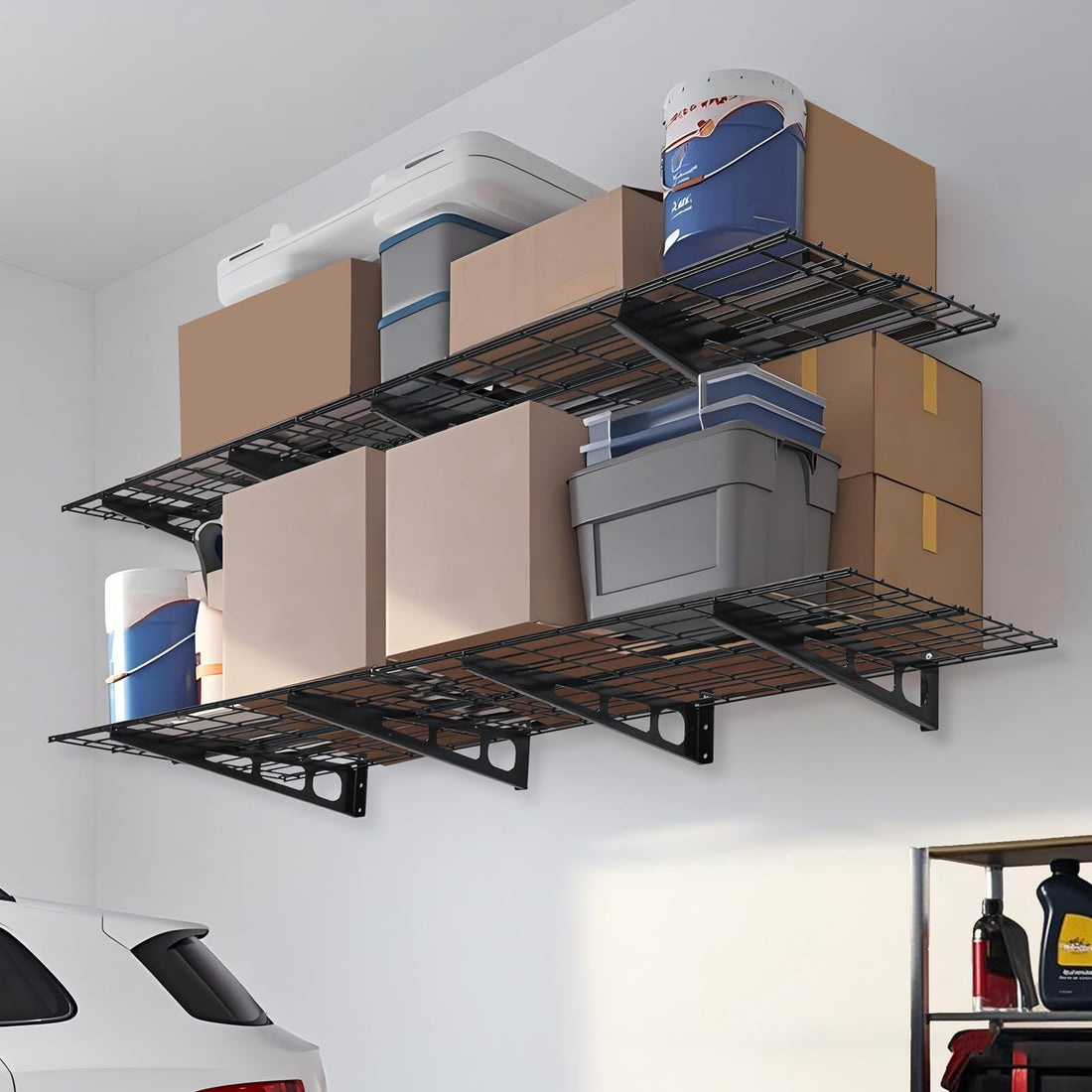 Garvee Étagères murales de garage en acier robuste, 182 × 61 cm, capacité de charge de 181 kg, antidérapantes, modulaires, avec crochets, noires, lot de 2, pour atelier et garage