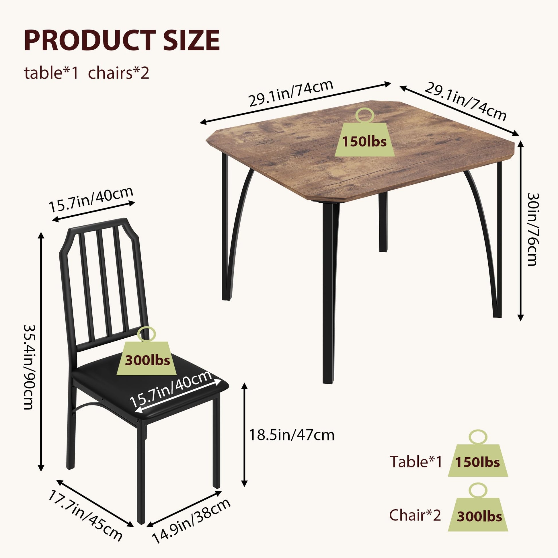 Ensemble table et chaises Garvee pour 2 personnes, design biseauté, chaises rembourrées en PU, structure en MDF et acier, compact, idéal pour les petits espaces, 111 x 70 x 78 cm, noir