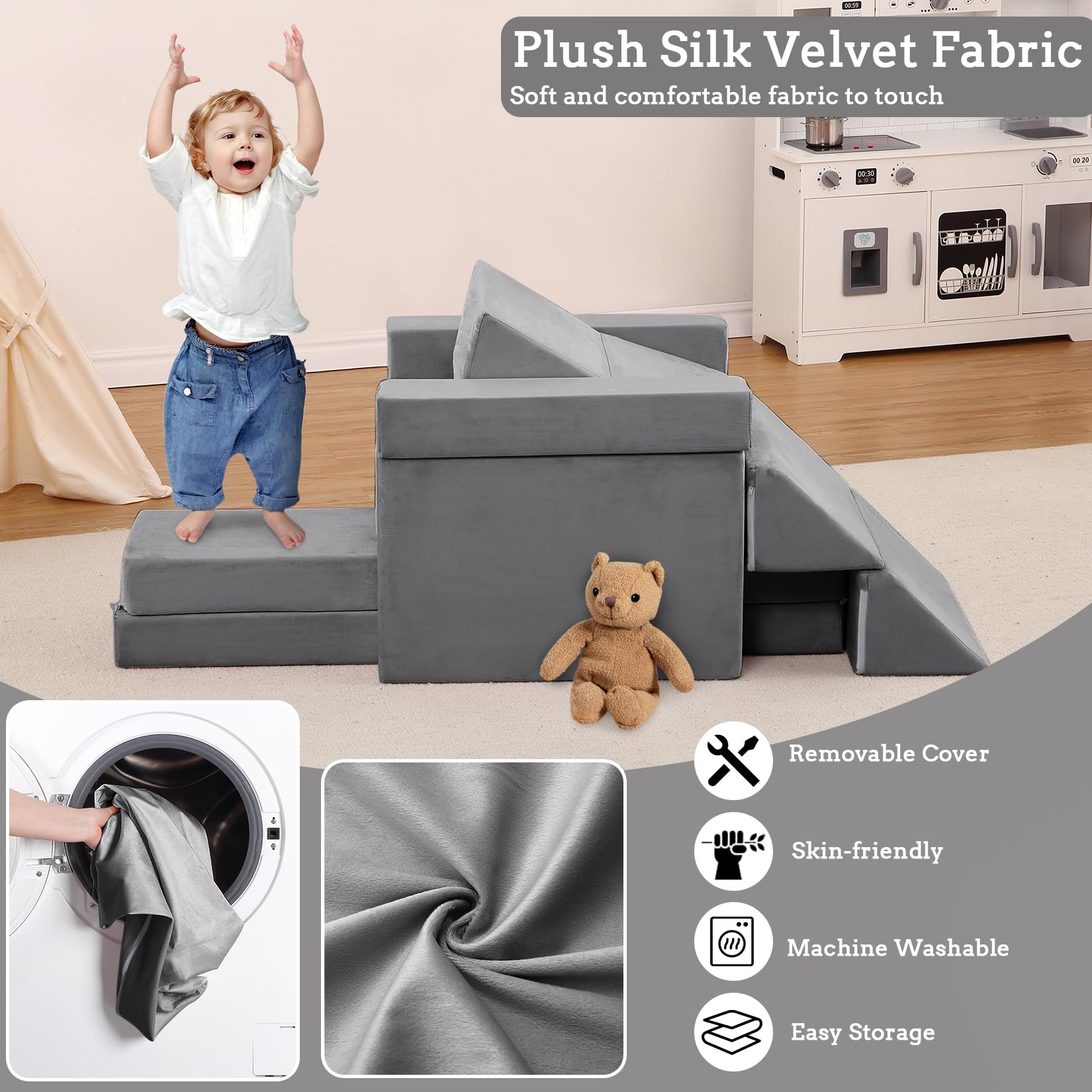 Garvee Canapé de jeu modulable enfant avec 12 blocs en mousse, dépliable, sûr et lavable, idéal chambre d’enfant et salle de jeux, coloris cordon matelassé