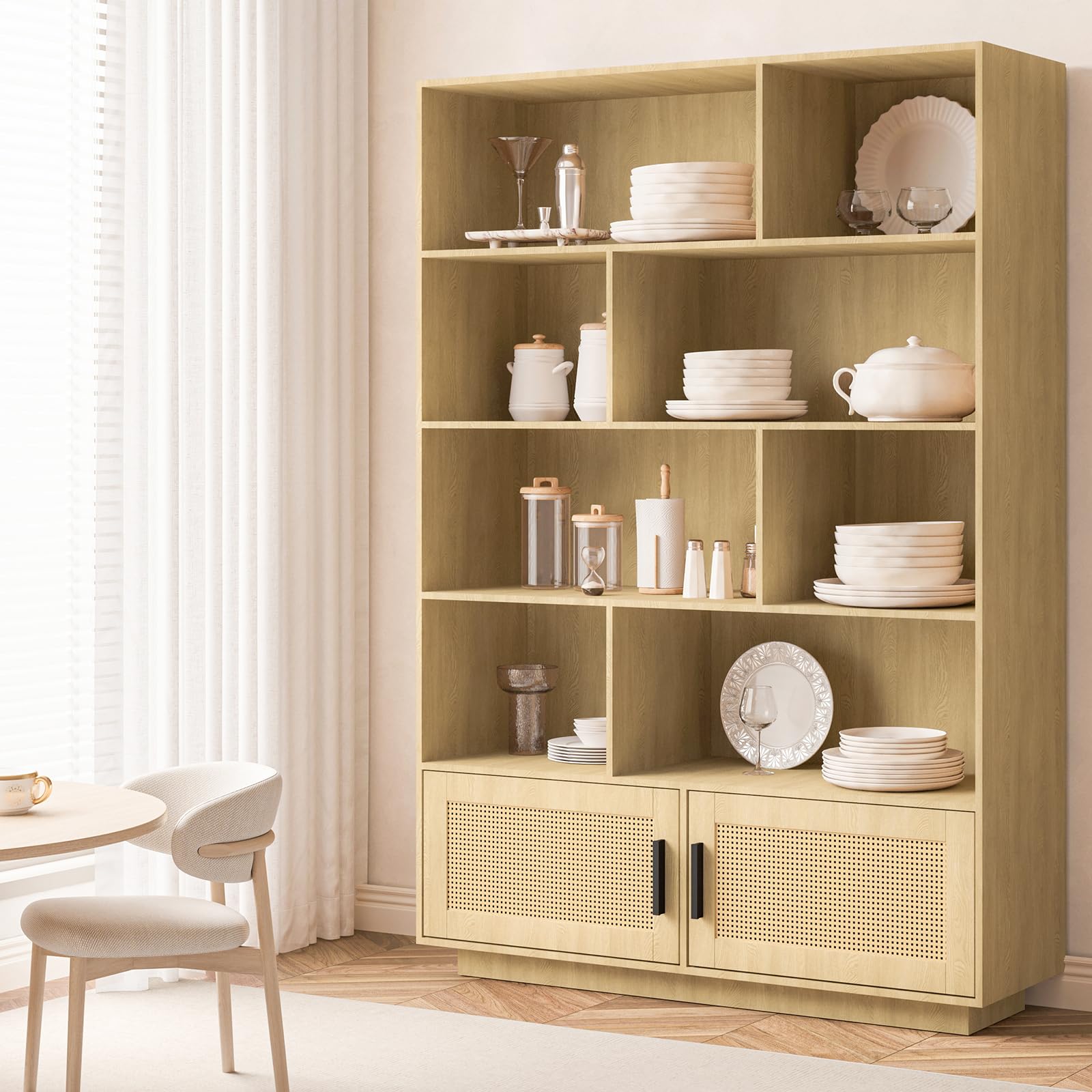 Bibliothèque Garvee à 5 niveaux avec portes en rotin, en MDF robuste, idéale pour le salon et le bureau, 80 cm (L) x 160 cm (H), style bohème