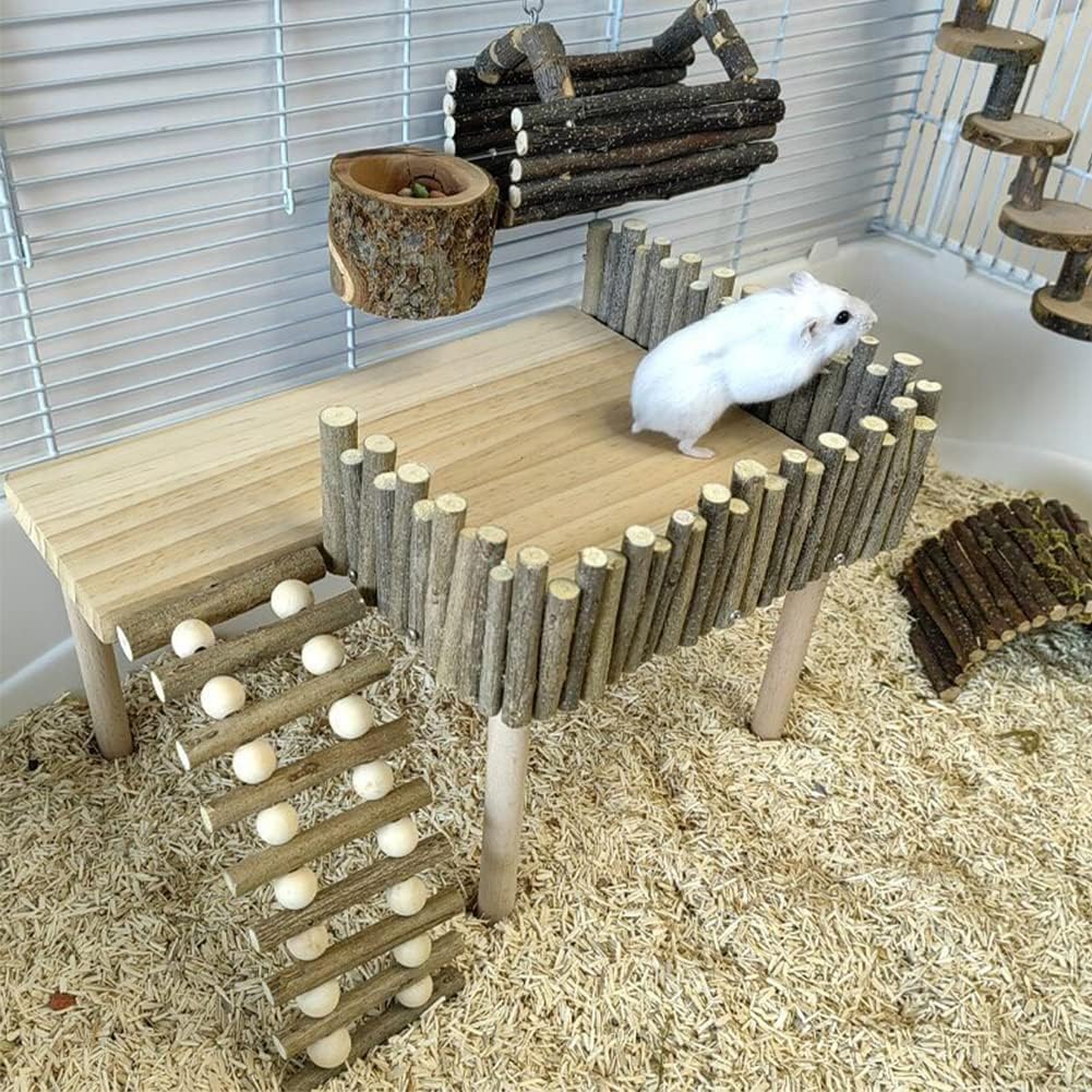 Plateforme d'escalade robuste Garvee en bois naturel pour cages à oiseaux et hamsters, plateforme à deux niveaux avec échelle, accessoires robustes, polyvalente, bois naturel