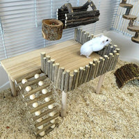 Plateforme d'escalade robuste Garvee en bois naturel pour cages à oiseaux et hamsters, plateforme à deux niveaux avec échelle, accessoires robustes, polyvalente, bois naturel
