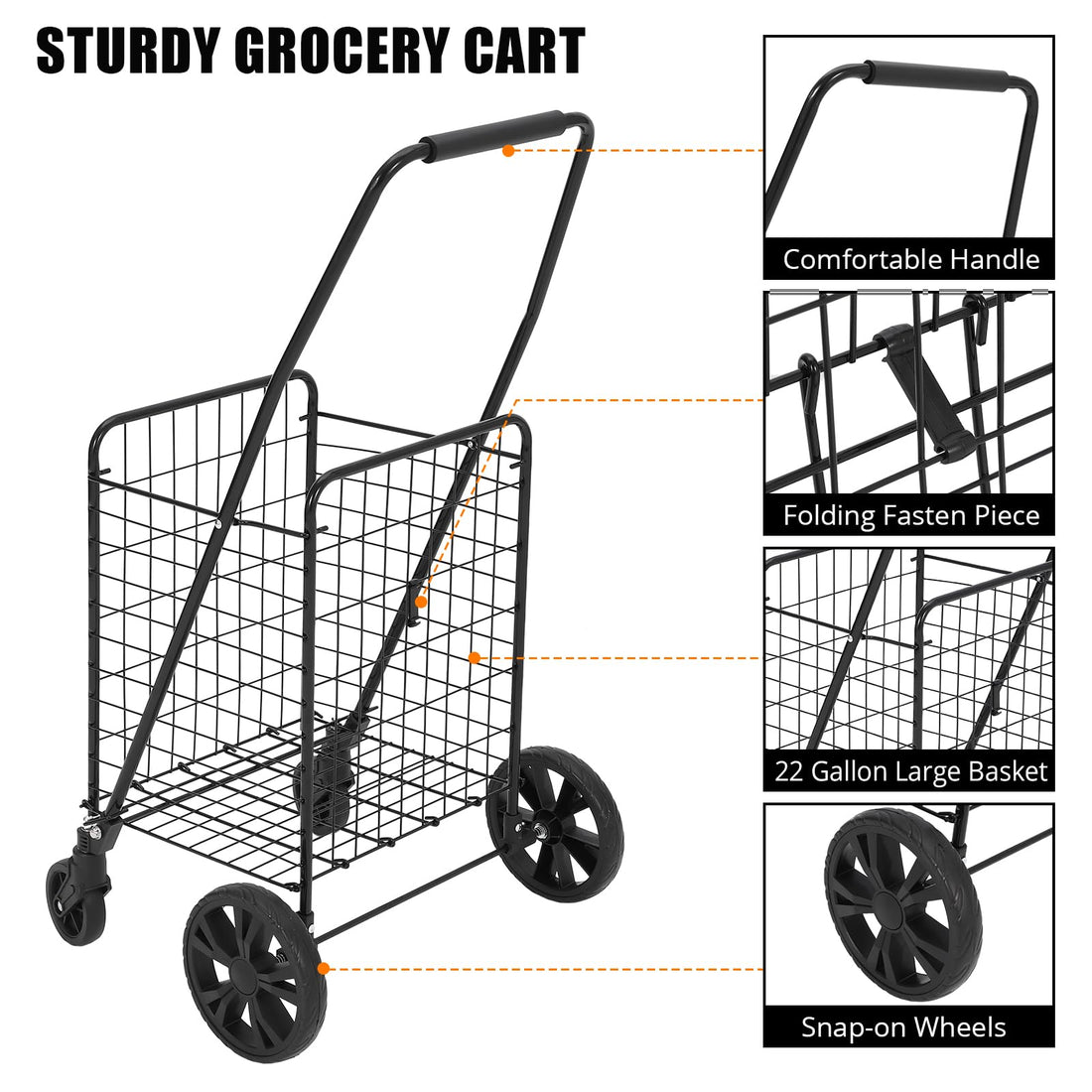 Chariot de courses pliable Garvee, capacité de 50 kg, roues pivotantes à 360°, panier de 83 litres, acier allié, léger, idéal pour les courses et les pique-niques, pliable, gris